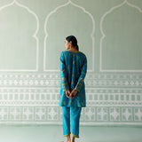 Turquoise & Mustard Floral Kurta Set with Dupatta (Organza)