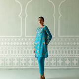 Turquoise & Mustard Floral Kurta Set with Dupatta (Organza)