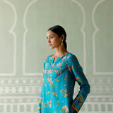 Turquoise & Mustard Floral Kurta Set with Dupatta (Organza)