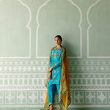 Turquoise & Mustard Floral Kurta Set with Dupatta (Organza)