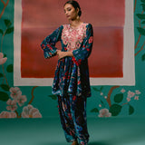 Teal Aztec Velvet Kurta Set