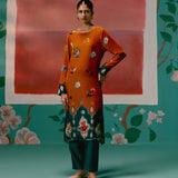Mustard Teal Floral Velvet Kurta Set