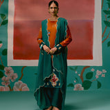 Mustard Teal Floral Velvet Kurta Set