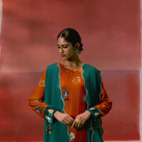 Mustard Teal Floral Velvet Kurta Set