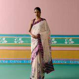 Ecru and Purple Ikkat Saree