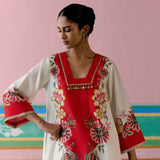 Ecru & Red Square Neck Kurta Set
