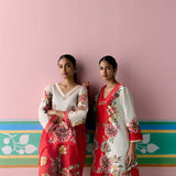 Ecru & Red Square Neck Kurta Set