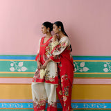 Ecru & Red Floral Kaftan Set