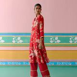 Red Chintz V-neck Kurta Set