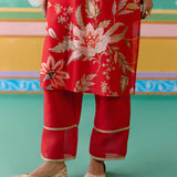 Red Chintz V-neck Kurta Set