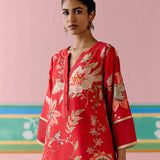 Red Chintz V-neck Kurta Set