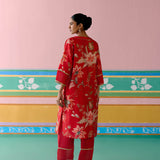 Red Chintz V-neck Kurta Set