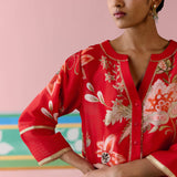 Red Chintz V-neck Kurta Set