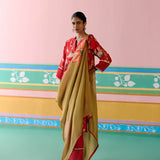 Red Chintz V-neck Kurta Set