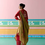 Red Chintz V-neck Kurta Set