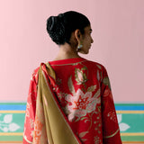 Red Chintz V-neck Kurta Set