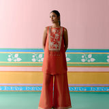 Rust Embroidered Sleeveless Kurta Set