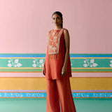 Rust Embroidered Sleeveless Kurta Set