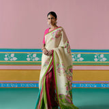 Ecru and Green Paisley Saree