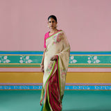 Ecru and Green Paisley Saree