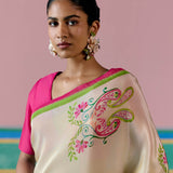 Ecru and Green Paisley Saree