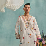 Daisy V-neck Short Kurta Set - Ecru
