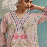 Rose V-neck Short Kurta Set - Pink