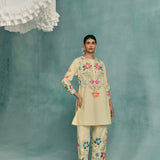 Rose Round Neck Kurta Set - Lemon