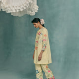 Rose Round Neck Kurta Set - Lemon