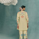 Rose Round Neck Kurta Set - Lemon