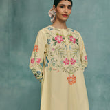 Rose Round Neck Kurta Set - Lemon