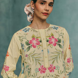 Rose Round Neck Kurta Set - Lemon