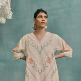 Hibiscus V-neck Kurta Set - Ecru