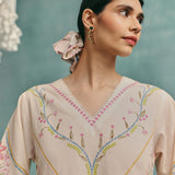 Hibiscus V-neck Kurta Set - Ecru
